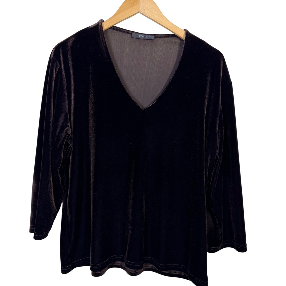 Jonden Womens Velour Top XL VTG Long Sleeve V Neck Chocolate‎ Brown Stretchy